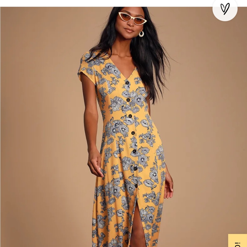Lulus Lucinda Yellow Floral Button Front Midi Dress